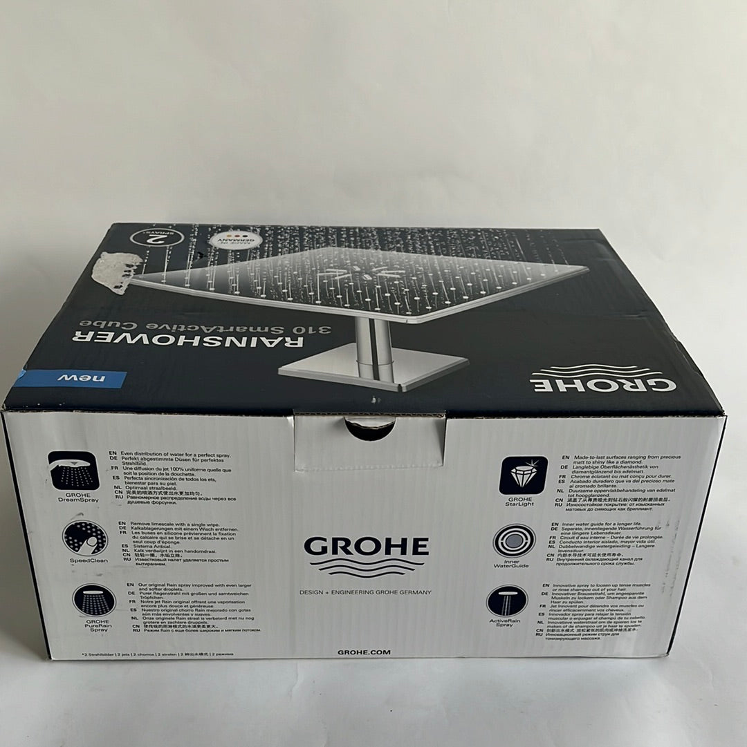 GROHE Rainshower SmartActive 310 Cube hoofddouche, plafond montage, vierkant 142 mm met 2 straalsoorten, geborsteld cool sunrise - 26481GN0