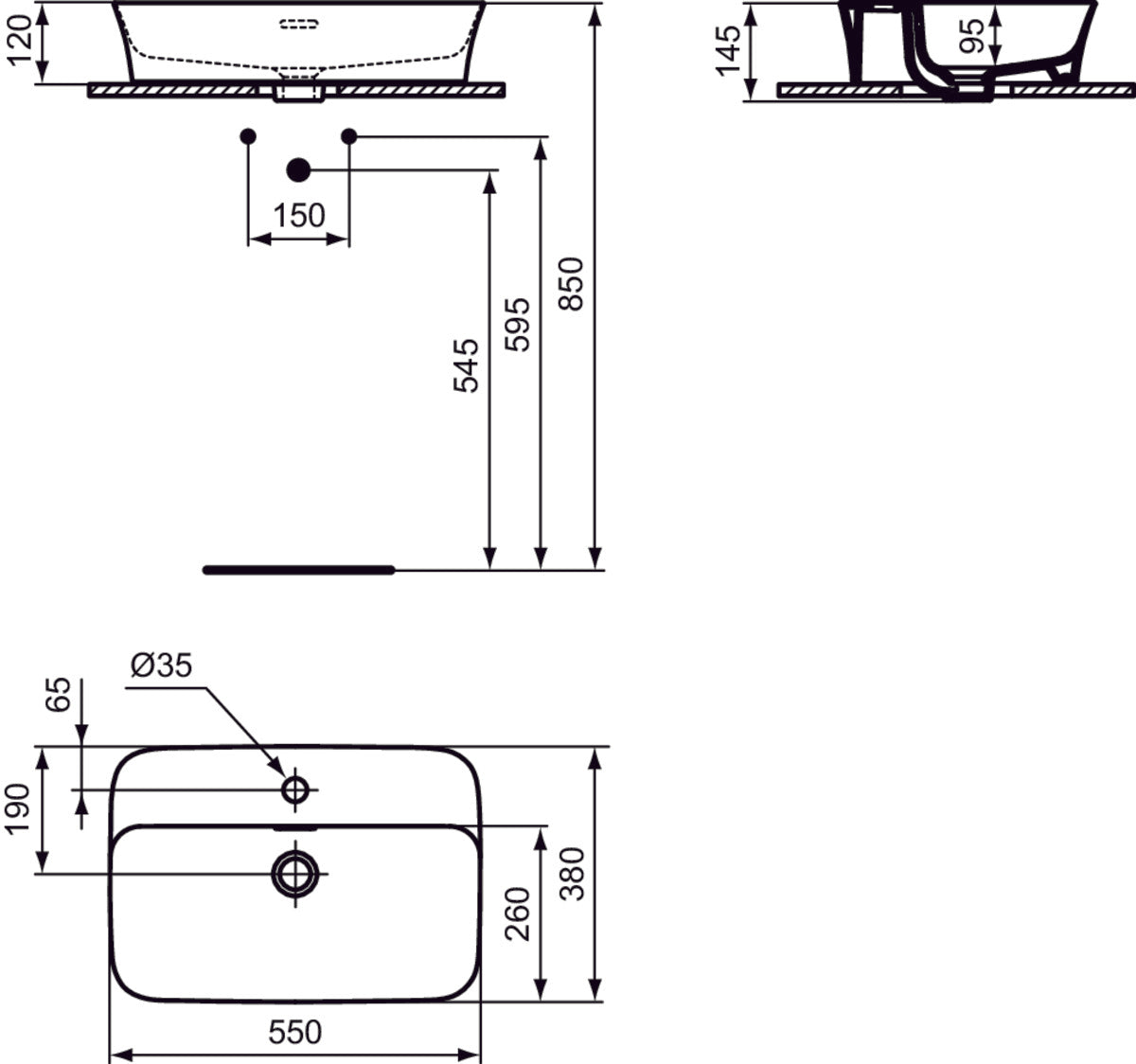 Opbouwwastafel ZWART, 550 x 380 mm, kraangat en overloop Ideal Standard