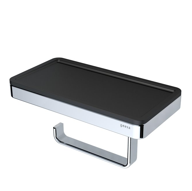 Geesa Frame Black Chrome toiletrolhouder met planchet