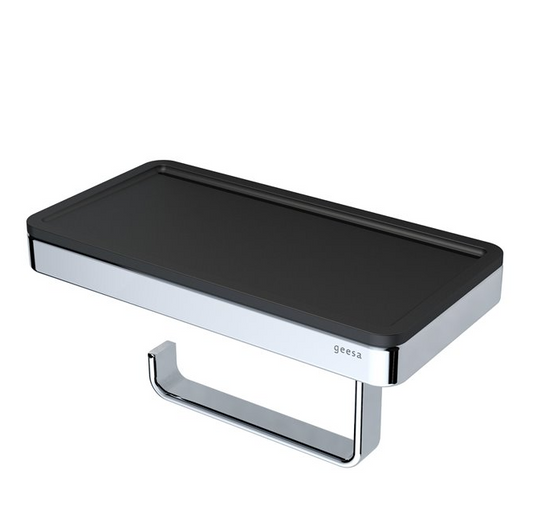 Geesa Frame Black Chrome toiletrolhouder met planchet