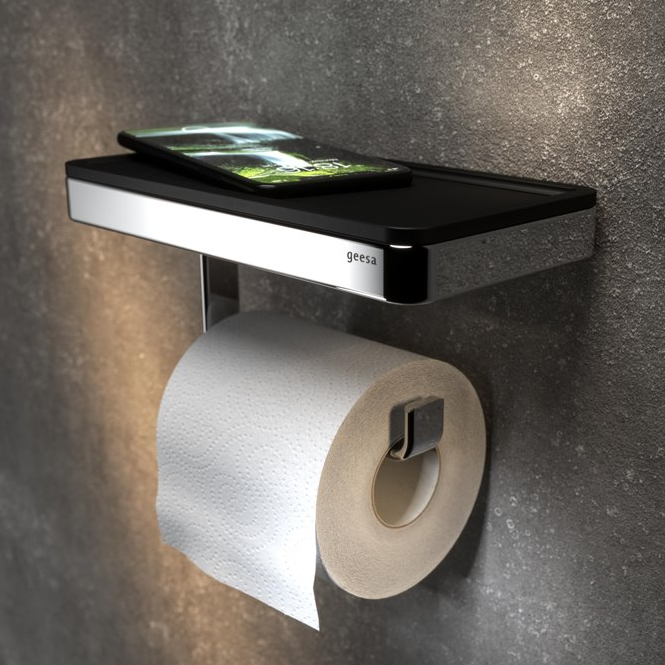Geesa Frame Black Chrome toiletrolhouder met planchet