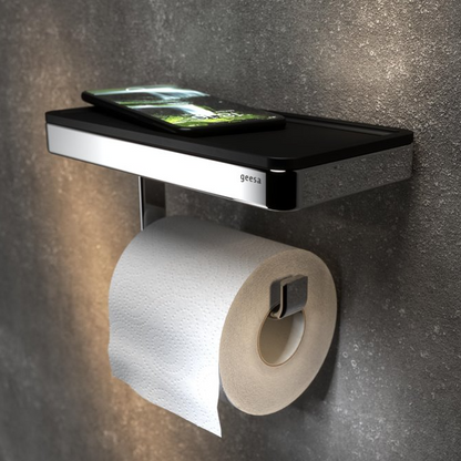 Geesa Frame Black Chrome toiletrolhouder met planchet