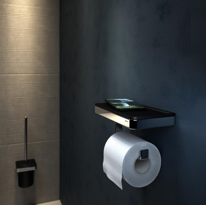 Geesa Frame Black Chrome toiletrolhouder met planchet